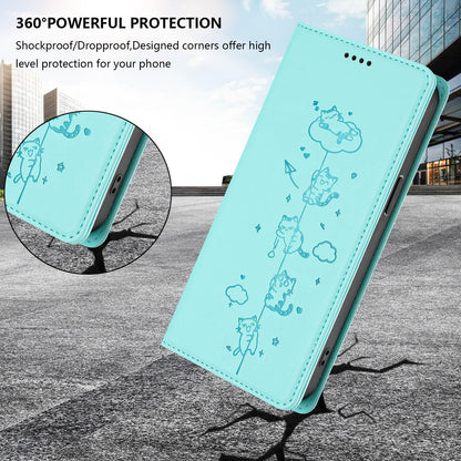 For Redmi K90 Pro Max / Xiaomi Poco F8 Ultra 5G Cute Cats Embossed Magnetic RFID Vegan Leather Phone Case(Mint Green)