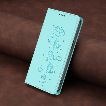 For Redmi K90 Pro Max / Xiaomi Poco F8 Ultra 5G Cute Cats Embossed Magnetic RFID Vegan Leather Phone Case(Mint Green)