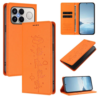 For Redmi K90 Pro Max / Xiaomi Poco F8 Ultra 5G Cute Cats Embossed Magnetic RFID Vegan Leather Phone Case(Orange)