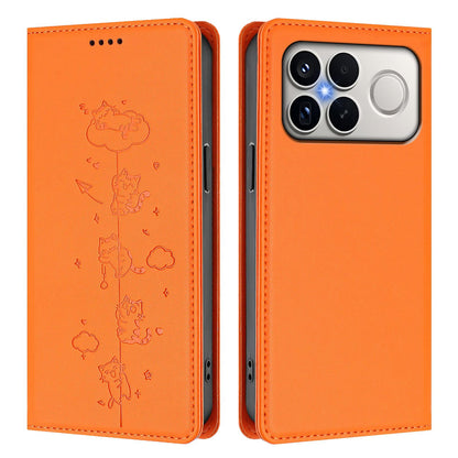 For Redmi K90 Pro Max / Xiaomi Poco F8 Ultra 5G Cute Cats Embossed Magnetic RFID Vegan Leather Phone Case(Orange)