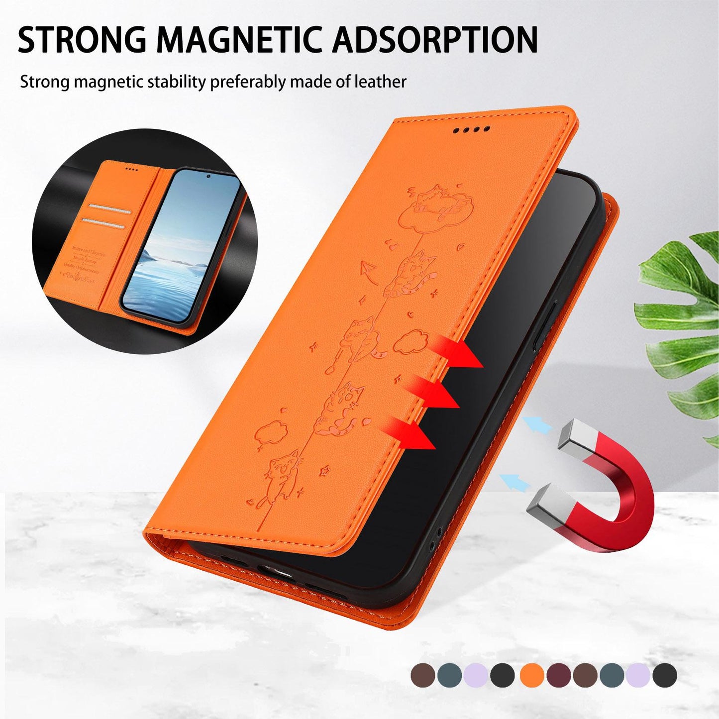 For Redmi K90 Pro Max / Xiaomi Poco F8 Ultra 5G Cute Cats Embossed Magnetic RFID Vegan Leather Phone Case(Orange)