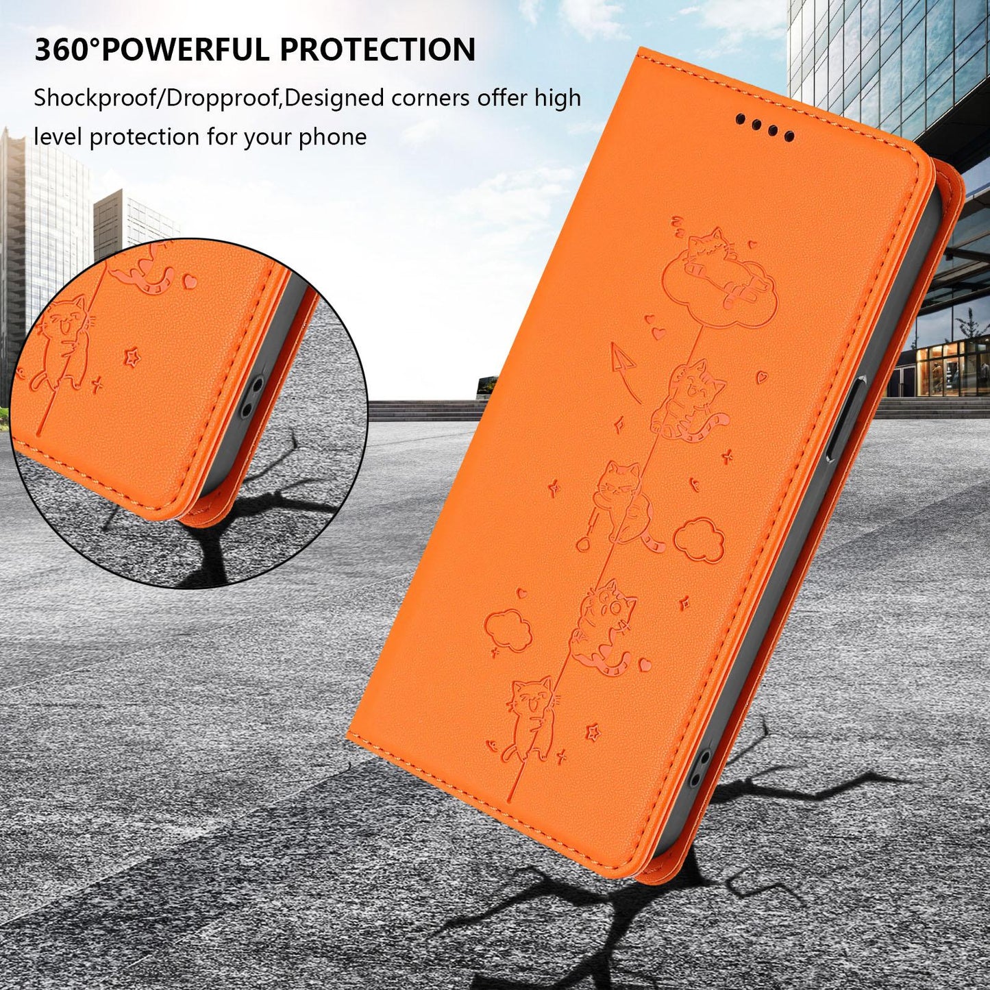 For Redmi K90 Pro Max / Xiaomi Poco F8 Ultra 5G Cute Cats Embossed Magnetic RFID Vegan Leather Phone Case(Orange)
