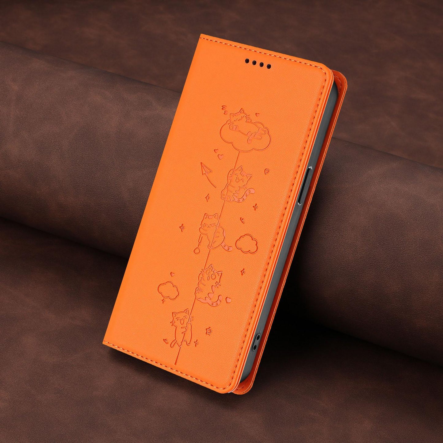 For Redmi K90 Pro Max / Xiaomi Poco F8 Ultra 5G Cute Cats Embossed Magnetic RFID Vegan Leather Phone Case(Orange)