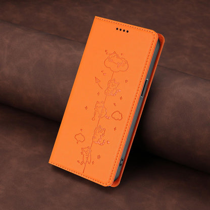 For Redmi K90 Pro Max / Xiaomi Poco F8 Ultra 5G Cute Cats Embossed Magnetic RFID Vegan Leather Phone Case(Orange)