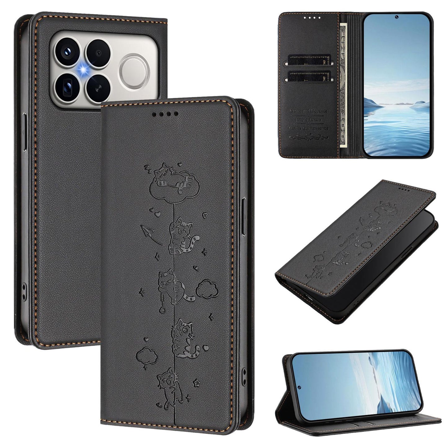For Redmi K90 Pro Max / Xiaomi Poco F8 Ultra 5G Cute Cats Embossed Magnetic RFID Vegan Leather Phone Case(Black)