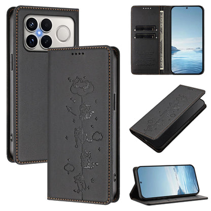 For Redmi K90 Pro Max / Xiaomi Poco F8 Ultra 5G Cute Cats Embossed Magnetic RFID Vegan Leather Phone Case(Black)