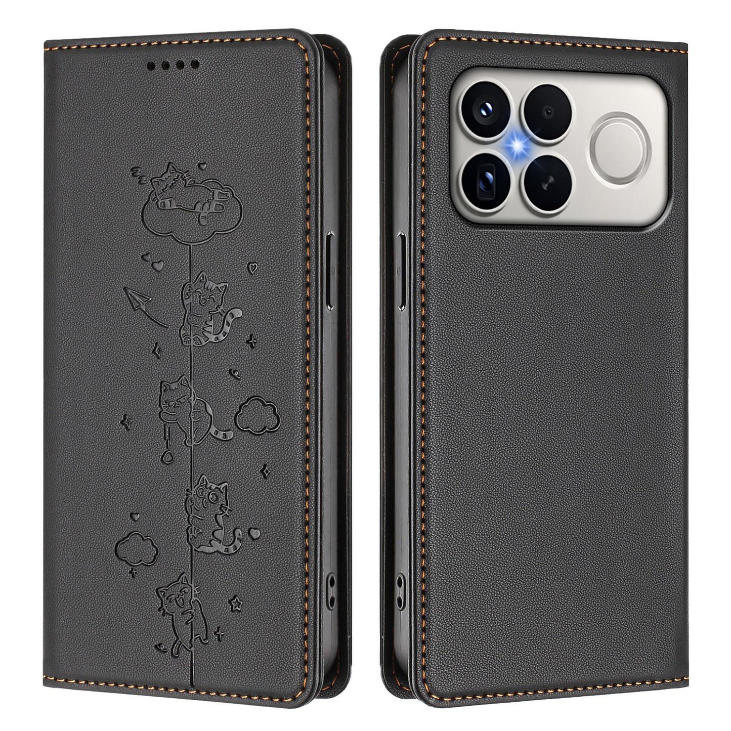 For Redmi K90 Pro Max / Xiaomi Poco F8 Ultra 5G Cute Cats Embossed Magnetic RFID Vegan Leather Phone Case(Black)