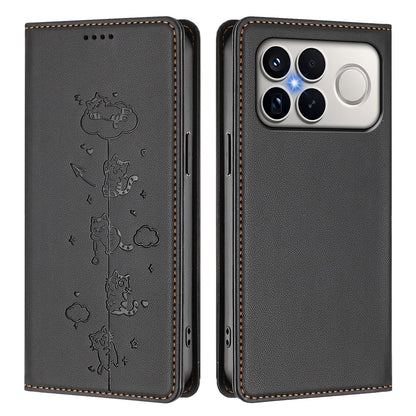 For Redmi K90 Pro Max / Xiaomi Poco F8 Ultra 5G Cute Cats Embossed Magnetic RFID Vegan Leather Phone Case(Black)