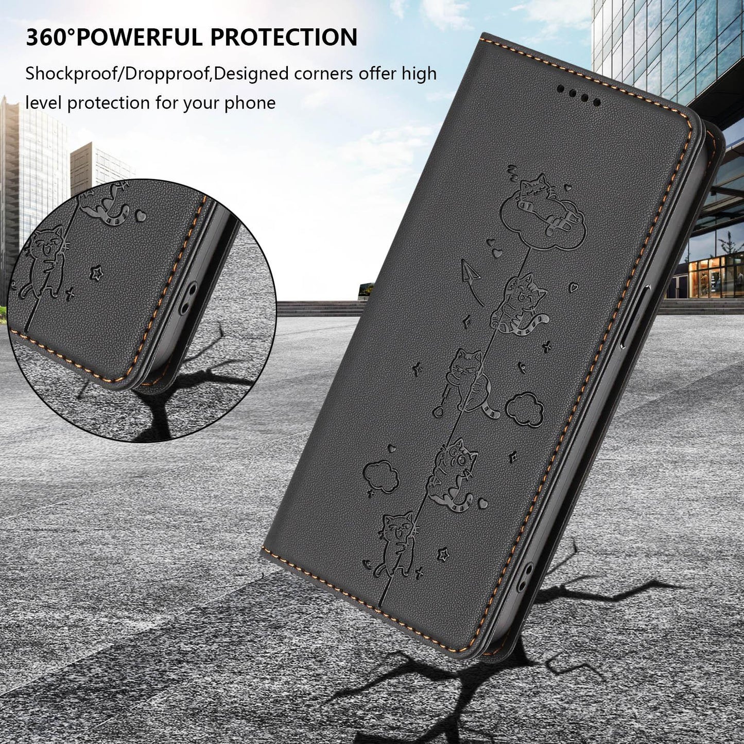 For Redmi K90 Pro Max / Xiaomi Poco F8 Ultra 5G Cute Cats Embossed Magnetic RFID Vegan Leather Phone Case(Black)