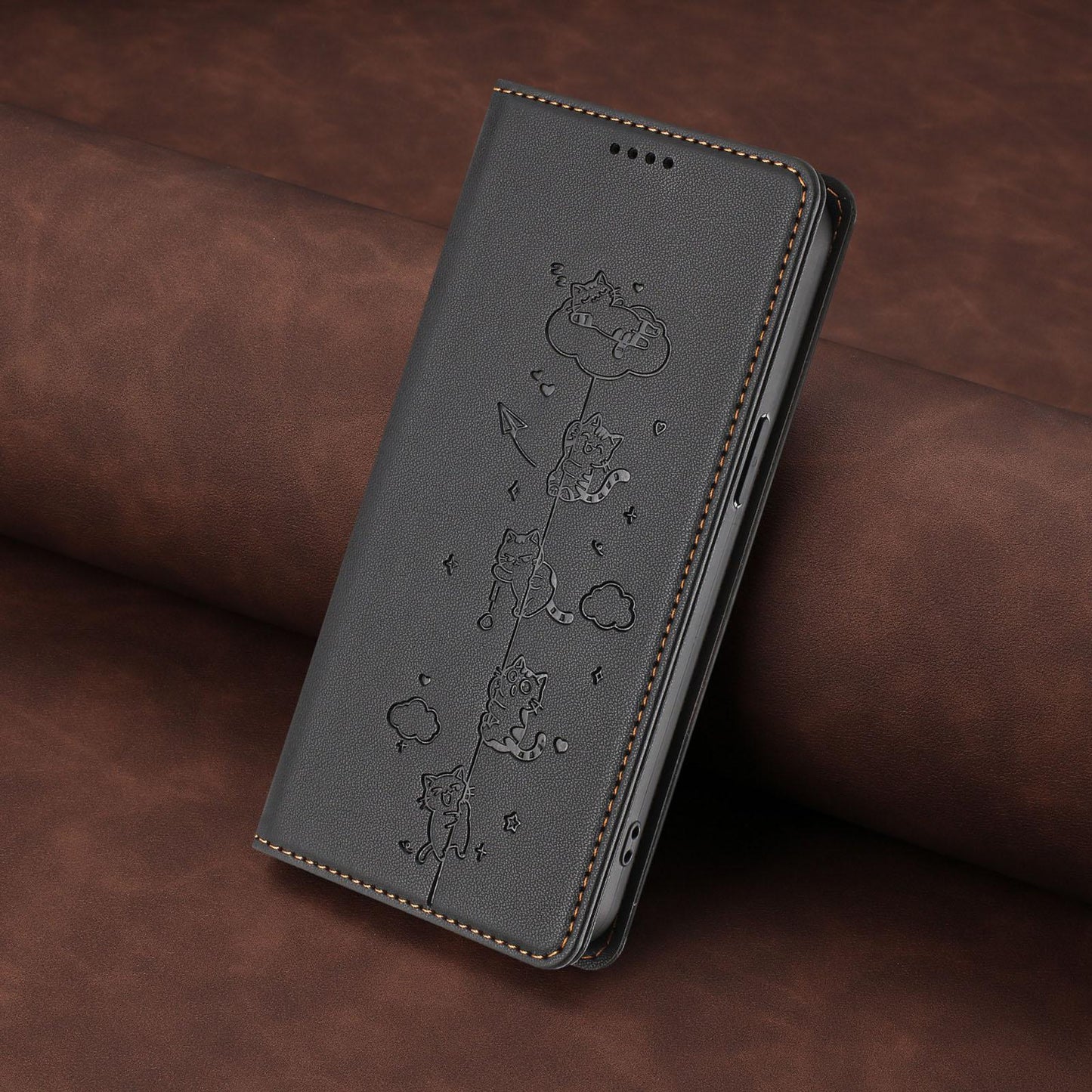 For Redmi K90 Pro Max / Xiaomi Poco F8 Ultra 5G Cute Cats Embossed Magnetic RFID Vegan Leather Phone Case(Black)