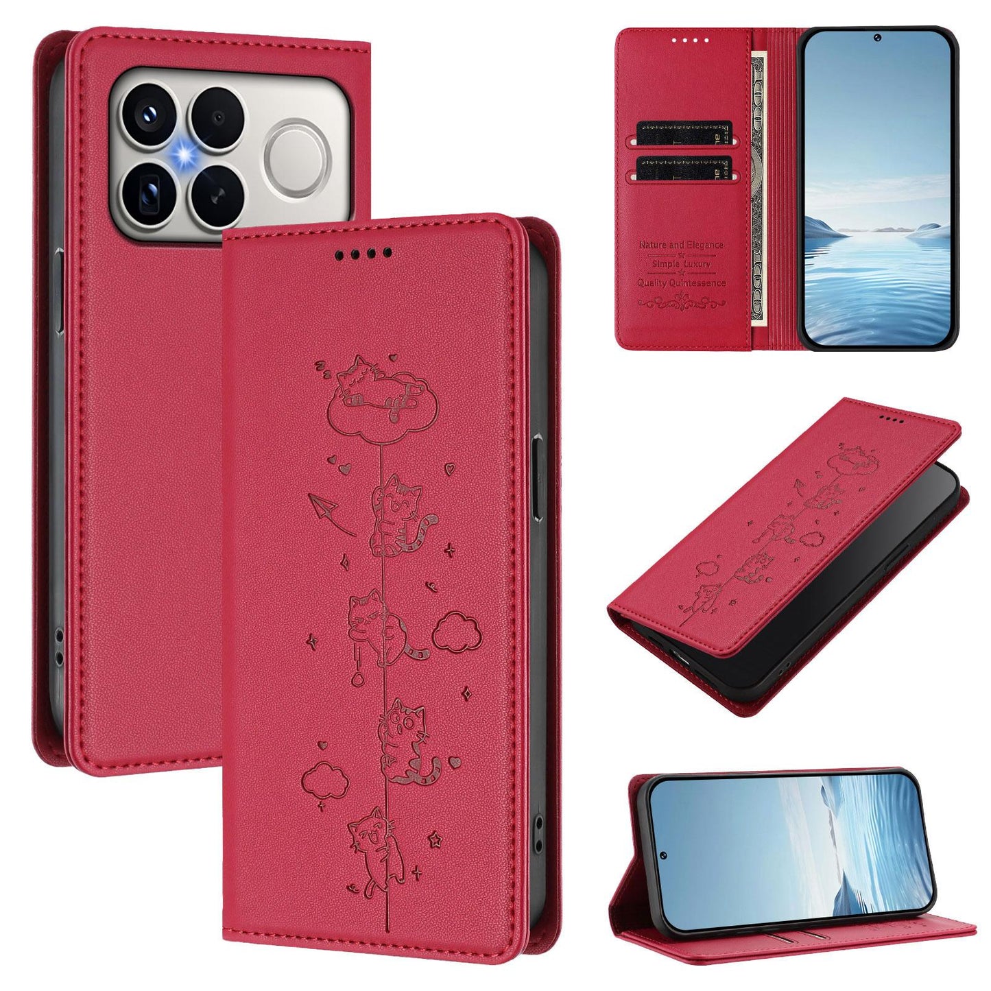 For Redmi K90 Pro Max / Xiaomi Poco F8 Ultra 5G Cute Cats Embossed Magnetic RFID Vegan Leather Phone Case(Red)
