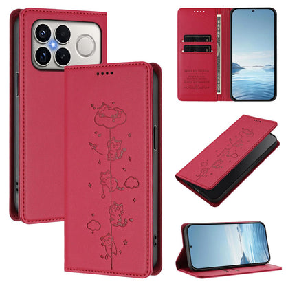 For Redmi K90 Pro Max / Xiaomi Poco F8 Ultra 5G Cute Cats Embossed Magnetic RFID Vegan Leather Phone Case(Red)