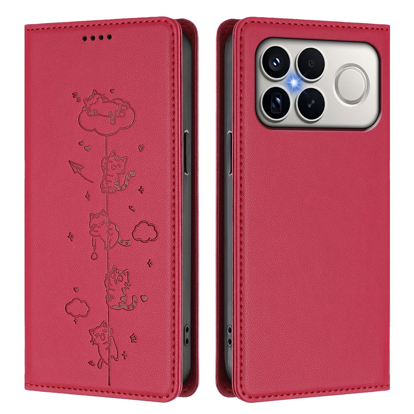 For Redmi K90 Pro Max / Xiaomi Poco F8 Ultra 5G Cute Cats Embossed Magnetic RFID Vegan Leather Phone Case(Red)