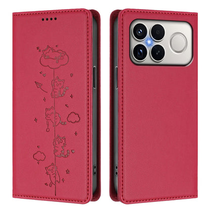 For Redmi K90 Pro Max / Xiaomi Poco F8 Ultra 5G Cute Cats Embossed Magnetic RFID Vegan Leather Phone Case(Red)