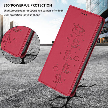 For Redmi K90 Pro Max / Xiaomi Poco F8 Ultra 5G Cute Cats Embossed Magnetic RFID Vegan Leather Phone Case(Red)