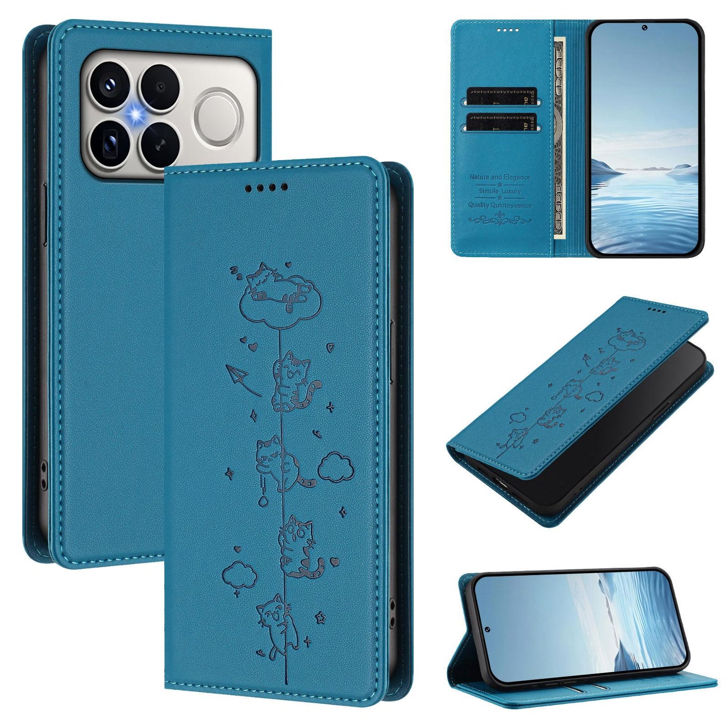 For Redmi K90 Pro Max / Xiaomi Poco F8 Ultra 5G Cute Cats Embossed Magnetic RFID Vegan Leather Phone Case(Lake Blue)