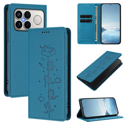 For Redmi K90 Pro Max / Xiaomi Poco F8 Ultra 5G Cute Cats Embossed Magnetic RFID Vegan Leather Phone Case(Lake Blue)