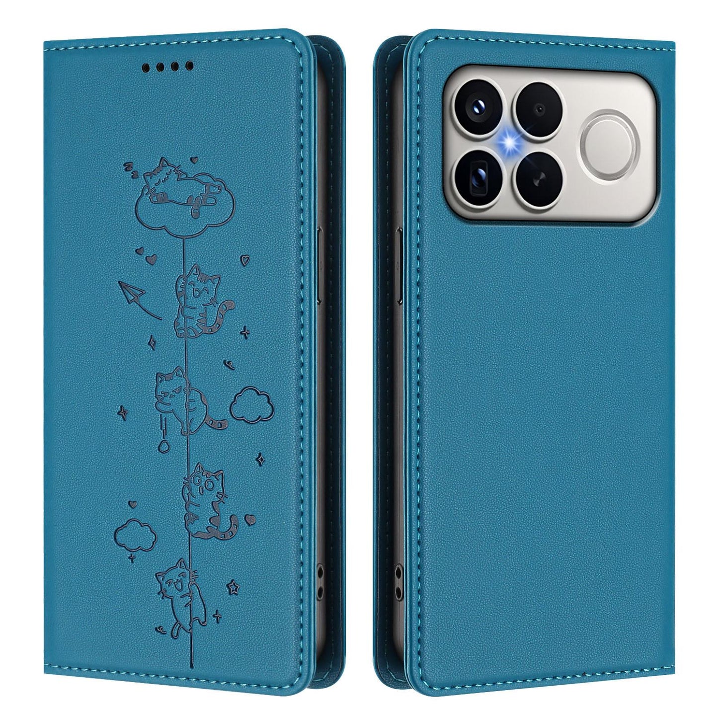 For Redmi K90 Pro Max / Xiaomi Poco F8 Ultra 5G Cute Cats Embossed Magnetic RFID Vegan Leather Phone Case(Lake Blue)