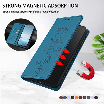 For Redmi K90 Pro Max / Xiaomi Poco F8 Ultra 5G Cute Cats Embossed Magnetic RFID Vegan Leather Phone Case(Lake Blue)