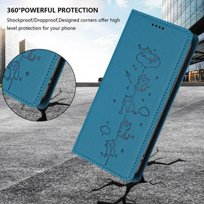 For Redmi K90 Pro Max / Xiaomi Poco F8 Ultra 5G Cute Cats Embossed Magnetic RFID Vegan Leather Phone Case(Lake Blue)