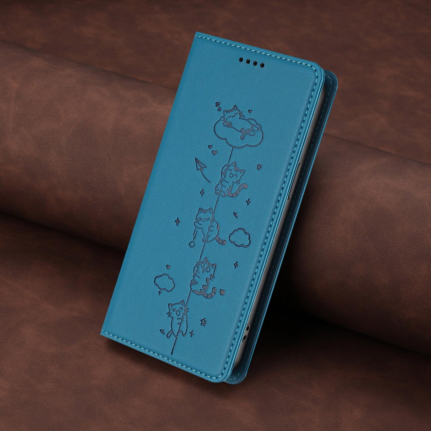 For Redmi K90 Pro Max / Xiaomi Poco F8 Ultra 5G Cute Cats Embossed Magnetic RFID Vegan Leather Phone Case(Lake Blue)