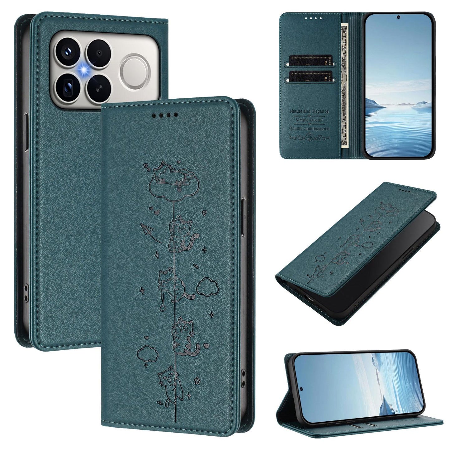 For Redmi K90 Pro Max / Xiaomi Poco F8 Ultra 5G Cute Cats Embossed Magnetic RFID Vegan Leather Phone Case(Peacock Green)
