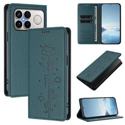 For Redmi K90 Pro Max / Xiaomi Poco F8 Ultra 5G Cute Cats Embossed Magnetic RFID Vegan Leather Phone Case(Peacock Green)