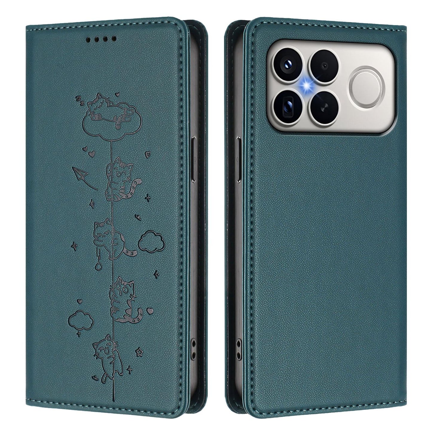For Redmi K90 Pro Max / Xiaomi Poco F8 Ultra 5G Cute Cats Embossed Magnetic RFID Vegan Leather Phone Case(Peacock Green)