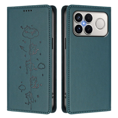 For Redmi K90 Pro Max / Xiaomi Poco F8 Ultra 5G Cute Cats Embossed Magnetic RFID Vegan Leather Phone Case(Peacock Green)