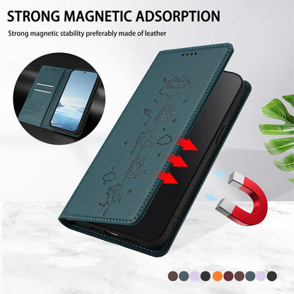 For Redmi K90 Pro Max / Xiaomi Poco F8 Ultra 5G Cute Cats Embossed Magnetic RFID Vegan Leather Phone Case(Peacock Green)