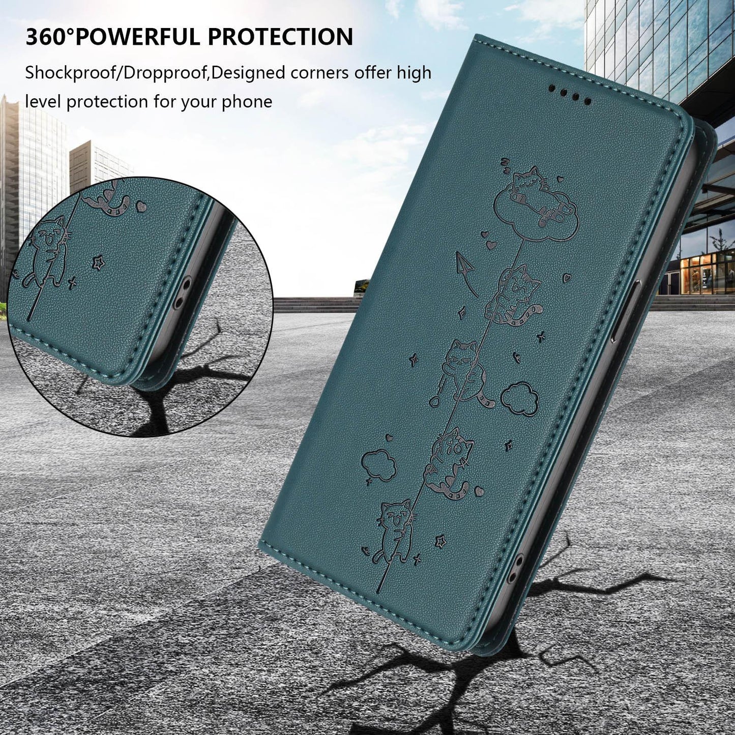 For Redmi K90 Pro Max / Xiaomi Poco F8 Ultra 5G Cute Cats Embossed Magnetic RFID Vegan Leather Phone Case(Peacock Green)