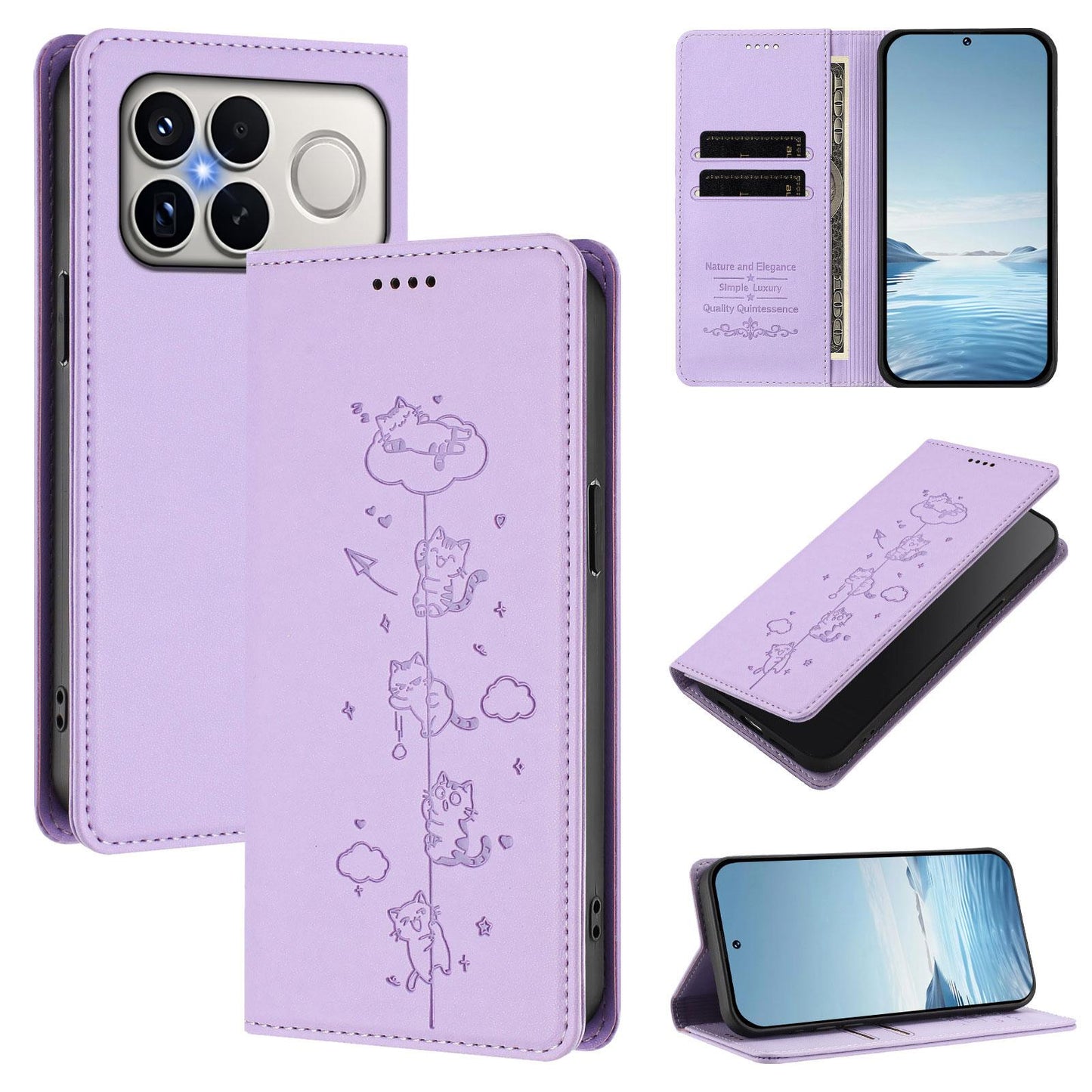 For Redmi K90 Pro Max / Xiaomi Poco F8 Ultra 5G Cute Cats Embossed Magnetic RFID Vegan Leather Phone Case(Light Purple)