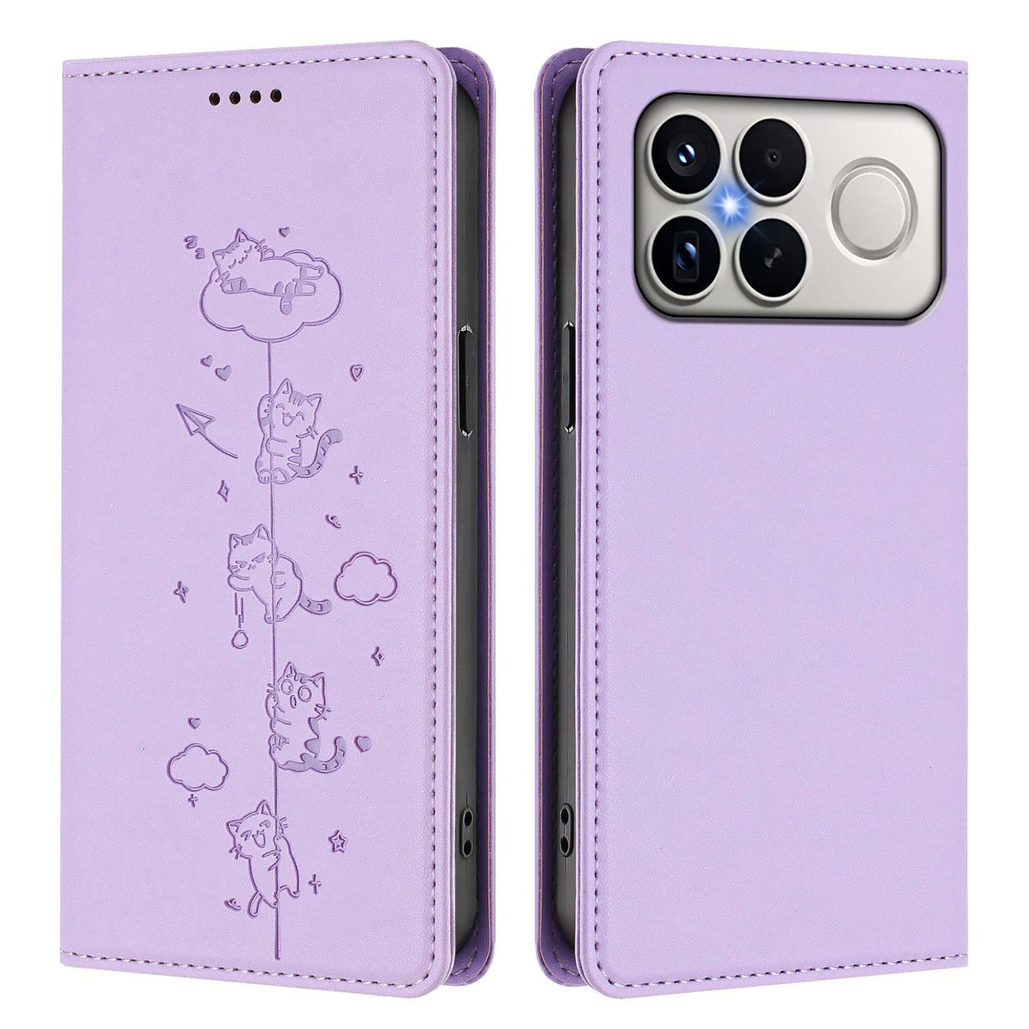 For Redmi K90 Pro Max / Xiaomi Poco F8 Ultra 5G Cute Cats Embossed Magnetic RFID Vegan Leather Phone Case(Light Purple)