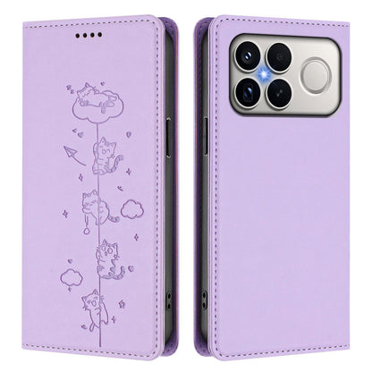 For Redmi K90 Pro Max / Xiaomi Poco F8 Ultra 5G Cute Cats Embossed Magnetic RFID Vegan Leather Phone Case(Light Purple)