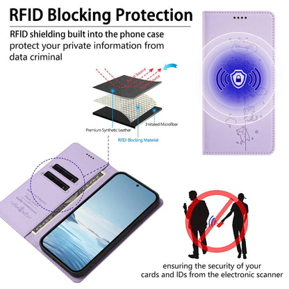For Redmi K90 Pro Max / Xiaomi Poco F8 Ultra 5G Cute Cats Embossed Magnetic RFID Vegan Leather Phone Case(Light Purple)
