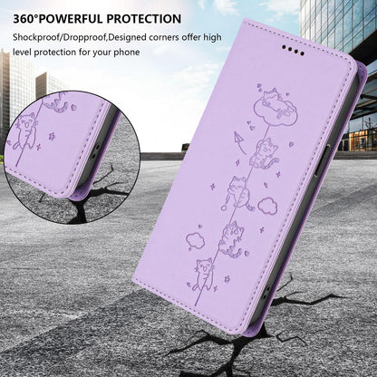 For Redmi K90 Pro Max / Xiaomi Poco F8 Ultra 5G Cute Cats Embossed Magnetic RFID Vegan Leather Phone Case(Light Purple)