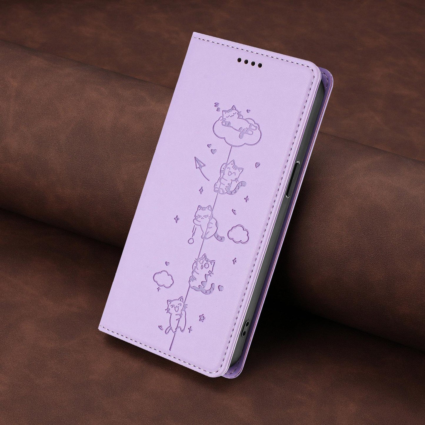 For Redmi K90 Pro Max / Xiaomi Poco F8 Ultra 5G Cute Cats Embossed Magnetic RFID Vegan Leather Phone Case(Light Purple)