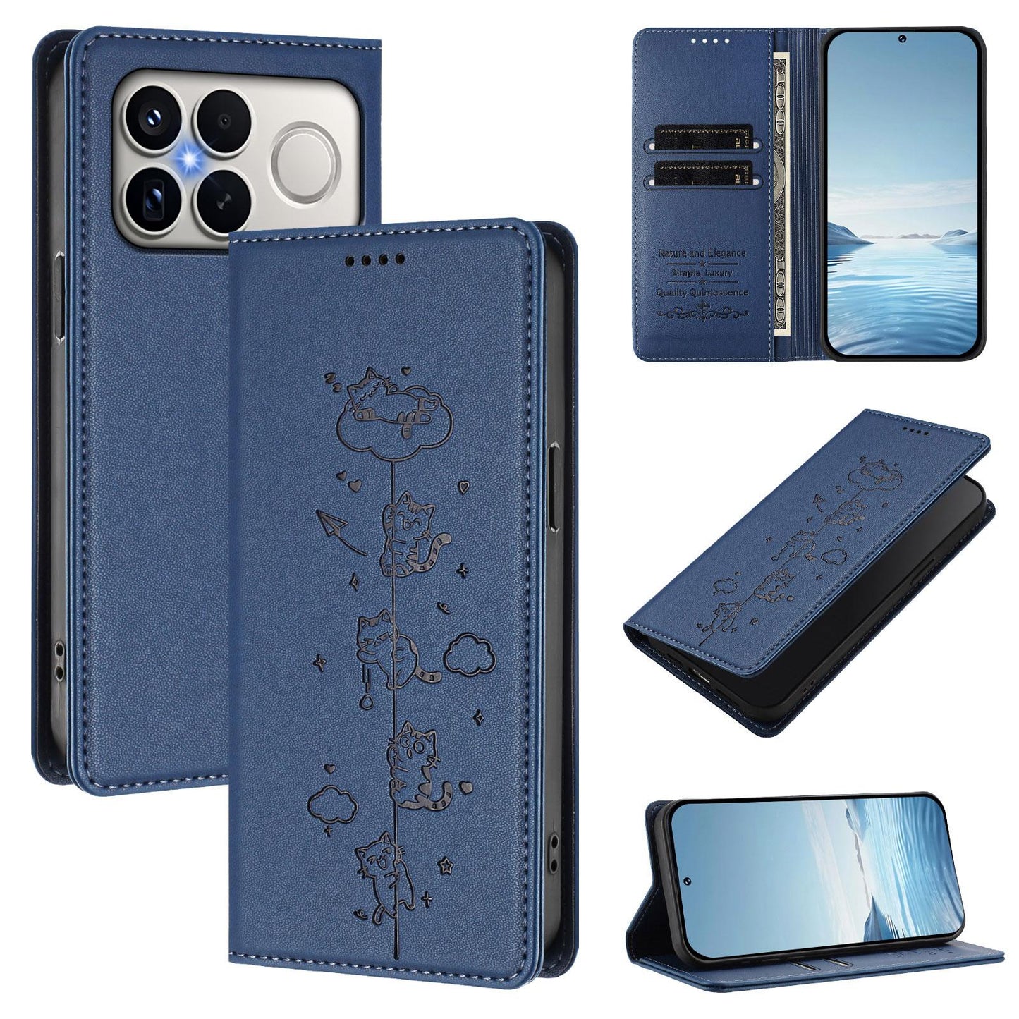 For Redmi K90 Pro Max / Xiaomi Poco F8 Ultra 5G Cute Cats Embossed Magnetic RFID Vegan Leather Phone Case(Dark Blue)