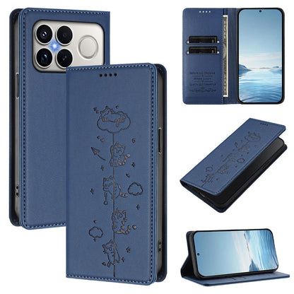 For Redmi K90 Pro Max / Xiaomi Poco F8 Ultra 5G Cute Cats Embossed Magnetic RFID Vegan Leather Phone Case(Dark Blue)