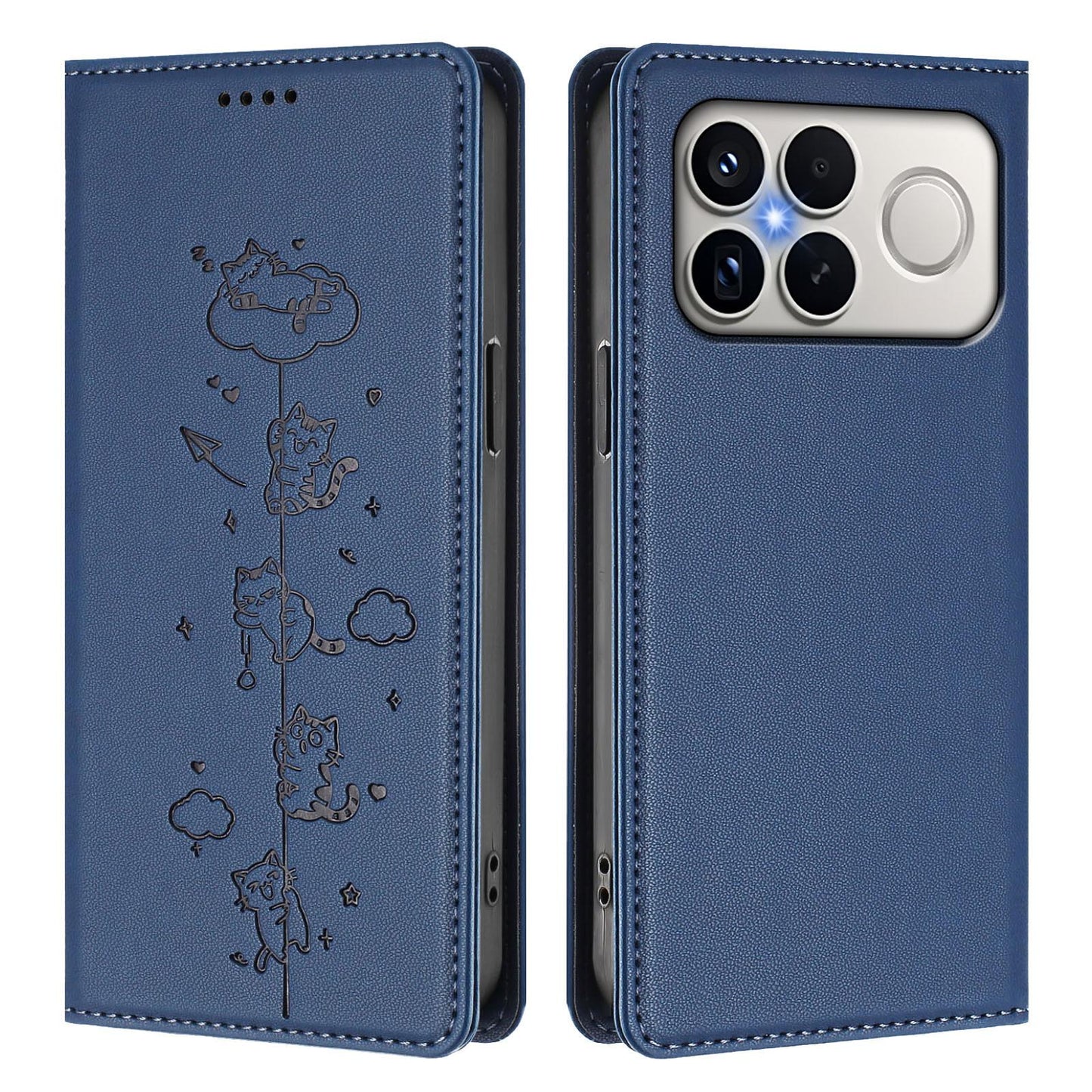 For Redmi K90 Pro Max / Xiaomi Poco F8 Ultra 5G Cute Cats Embossed Magnetic RFID Vegan Leather Phone Case(Dark Blue)