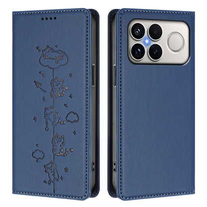 For Redmi K90 Pro Max / Xiaomi Poco F8 Ultra 5G Cute Cats Embossed Magnetic RFID Vegan Leather Phone Case(Dark Blue)
