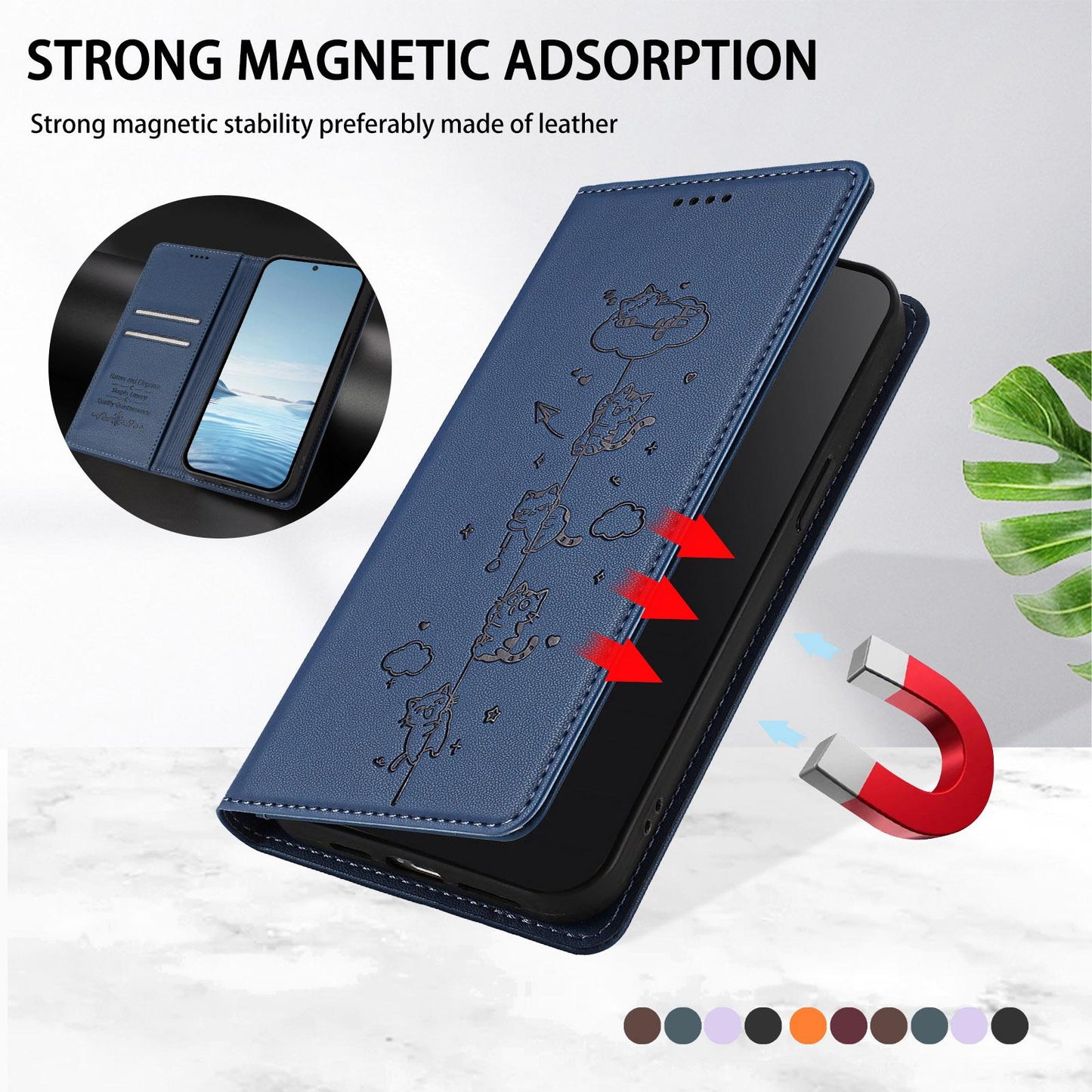 For Redmi K90 Pro Max / Xiaomi Poco F8 Ultra 5G Cute Cats Embossed Magnetic RFID Vegan Leather Phone Case(Dark Blue)
