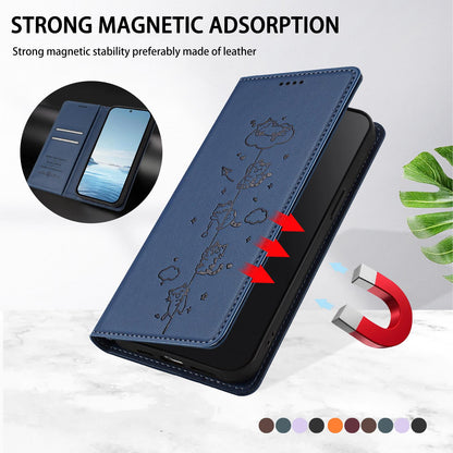 For Redmi K90 Pro Max / Xiaomi Poco F8 Ultra 5G Cute Cats Embossed Magnetic RFID Vegan Leather Phone Case(Dark Blue)