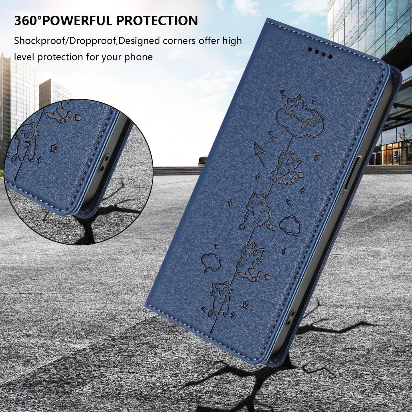 For Redmi K90 Pro Max / Xiaomi Poco F8 Ultra 5G Cute Cats Embossed Magnetic RFID Vegan Leather Phone Case(Dark Blue)