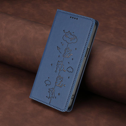For Redmi K90 Pro Max / Xiaomi Poco F8 Ultra 5G Cute Cats Embossed Magnetic RFID Vegan Leather Phone Case(Dark Blue)