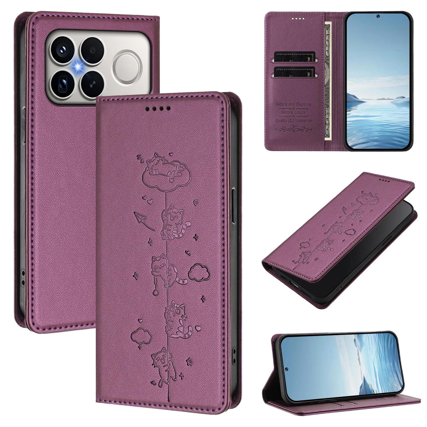 For Redmi K90 Pro Max / Xiaomi Poco F8 Ultra 5G Cute Cats Embossed Magnetic RFID Vegan Leather Phone Case(Violet Purple)