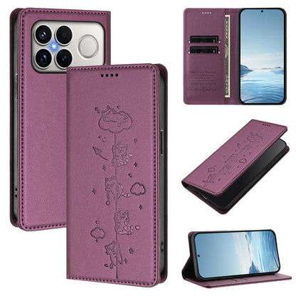 For Redmi K90 Pro Max / Xiaomi Poco F8 Ultra 5G Cute Cats Embossed Magnetic RFID Vegan Leather Phone Case(Violet Purple)
