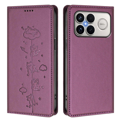 For Redmi K90 Pro Max / Xiaomi Poco F8 Ultra 5G Cute Cats Embossed Magnetic RFID Vegan Leather Phone Case(Violet Purple)