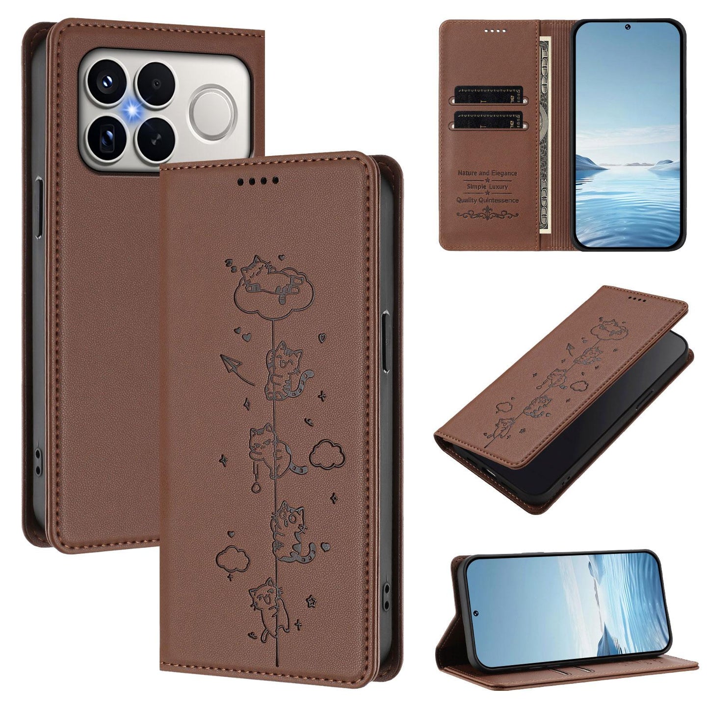 For Redmi K90 Pro Max / Xiaomi Poco F8 Ultra 5G Cute Cats Embossed Magnetic RFID Vegan Leather Phone Case(Brown)