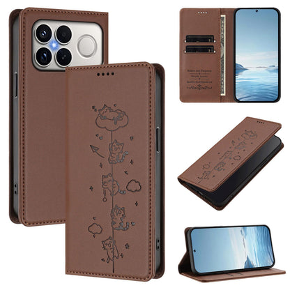 For Redmi K90 Pro Max / Xiaomi Poco F8 Ultra 5G Cute Cats Embossed Magnetic RFID Vegan Leather Phone Case(Brown)
